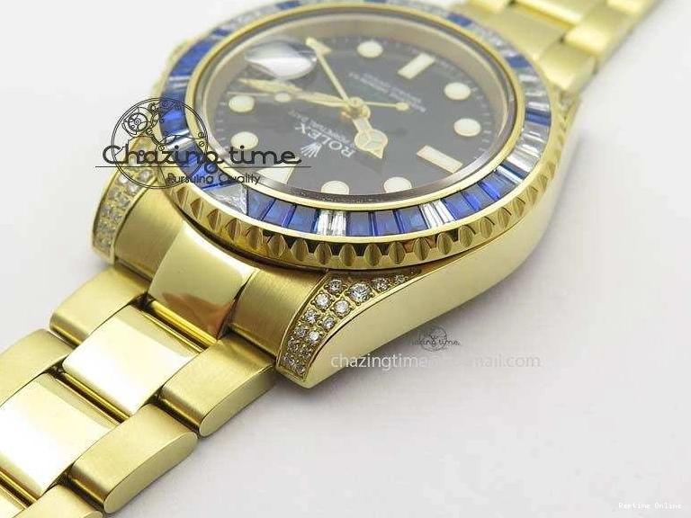 0414 GMT-Master II 116759 YG Bp-Maker Blue Ruby Crystal Bezel Black Dial On YG Bracelet A NewStyle 3775